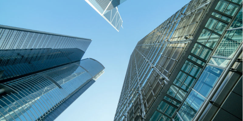 A photo of three commercial buildings