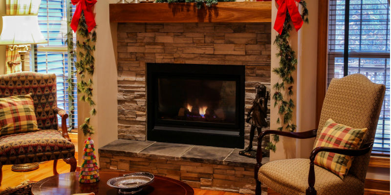 Propane fireplace in Christmas-themed house